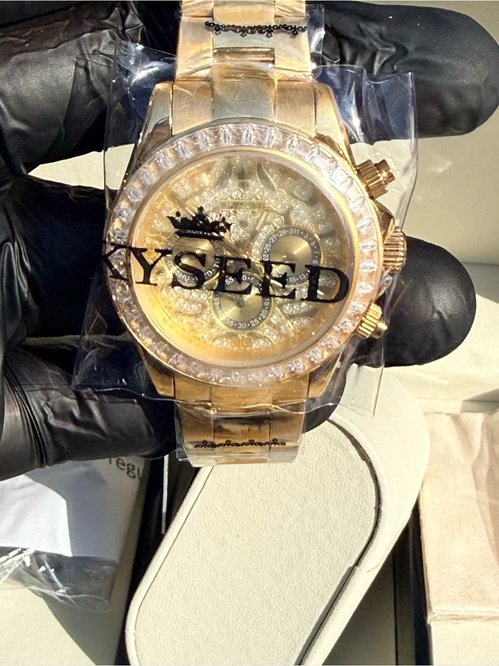 Men's Gold Mechanical Watch with Crystal Accent